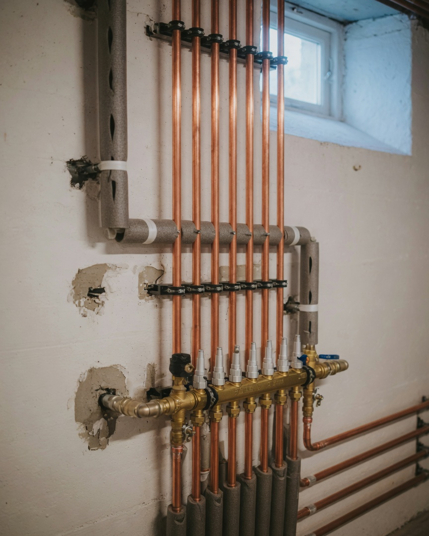 Kopparrör i ett nyinstallerat undercentral